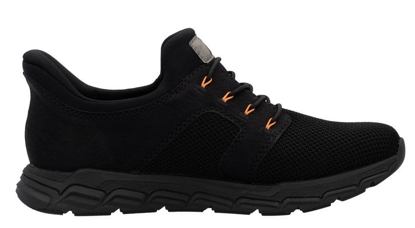 Black athletic shoe with orange lace accents and knit material.