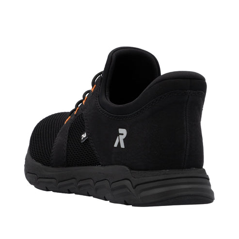 Black sneaker with orange laces and white "R" logo.