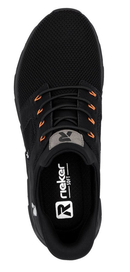A black sneaker with orange eyelets and black laces.