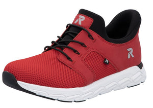 Red sneaker with black laces and white sole.