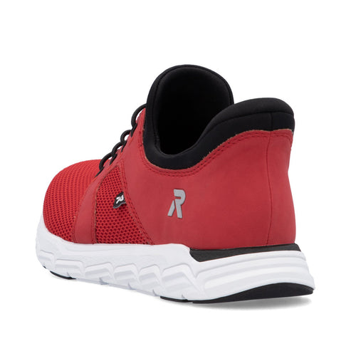 Red athletic shoe with black lining and white sole showing a logo with an R