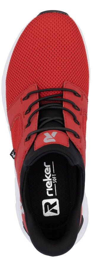 A red running shoe with black laces and a white sole, with the word "Rieker" on the insole.