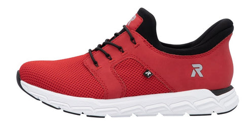 Red athletic shoe with black laces and white sole showing a silver R logo on the side.