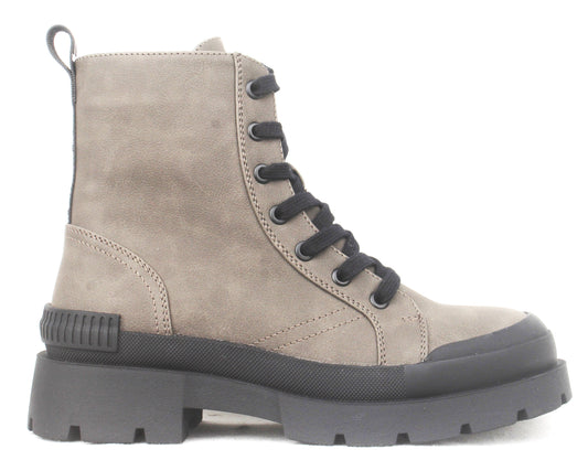 Taupe-colored lace-up lug sole boot with black laces.