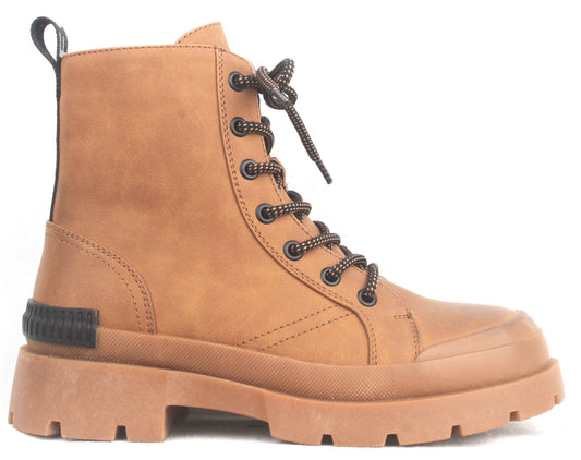 Tan-colored boot with a thick, lugged sole, black laces and a toe cap.