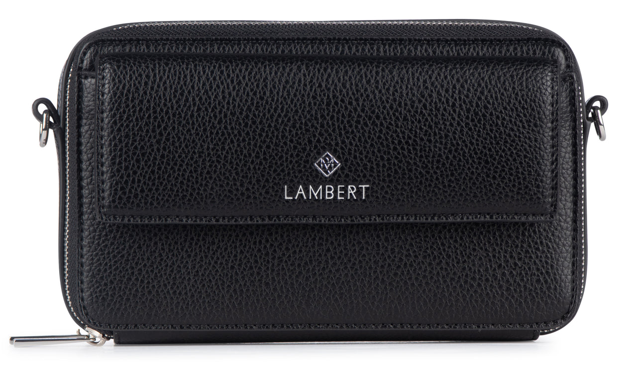 Rectangular black textured leather bag with a flap and metal logo.