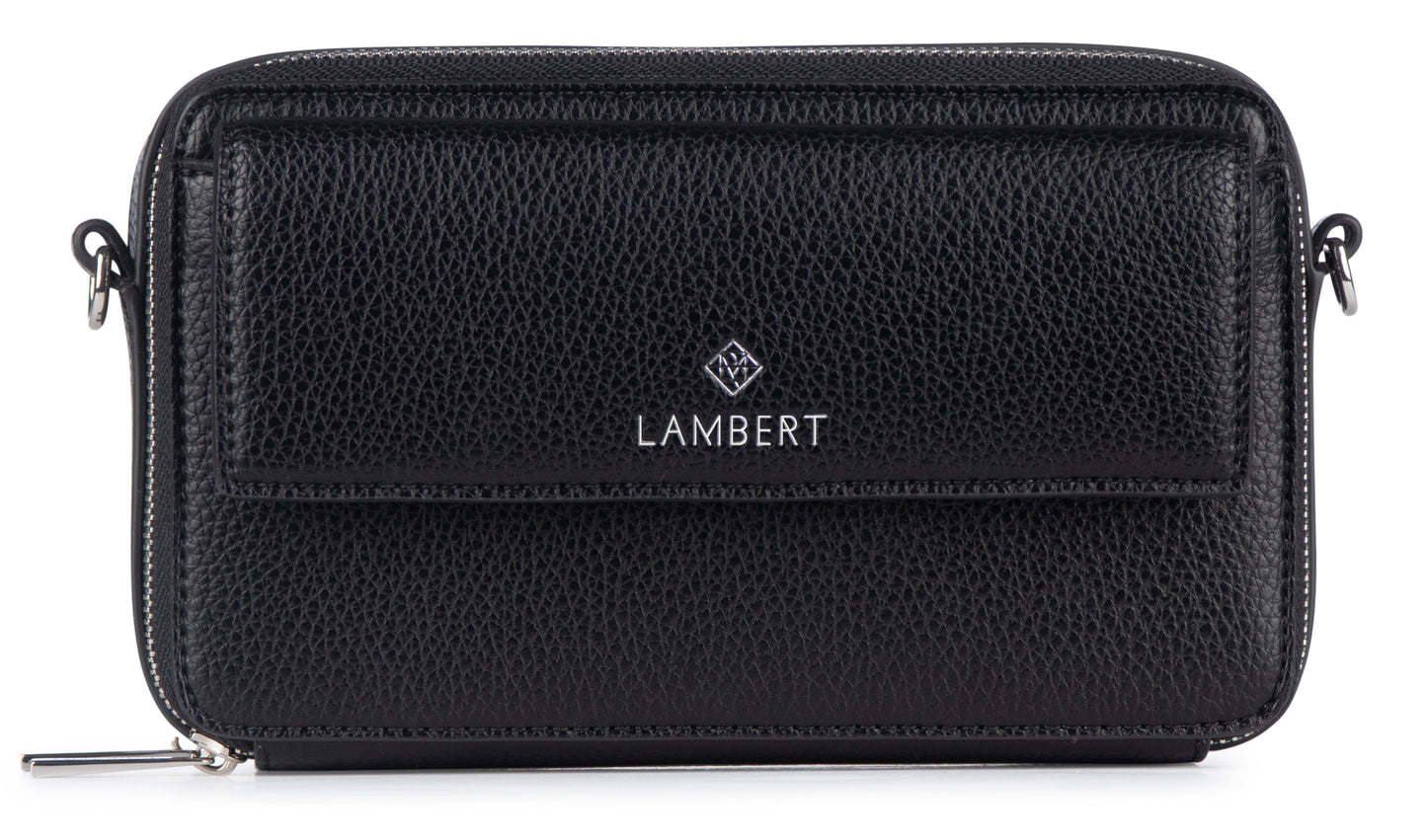 Rectangular black textured leather bag with a flap and metal logo.