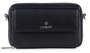 Rectangular black textured leather bag with a flap and metal logo.