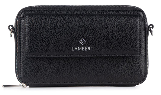 Rectangular black textured leather bag with a flap and metal logo.