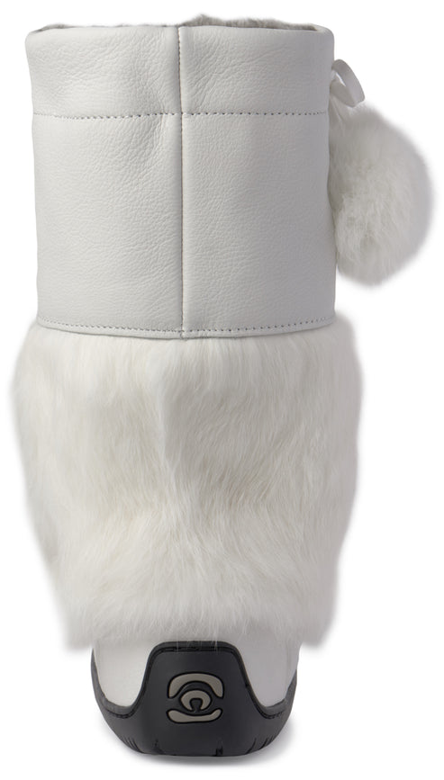 A back view of a white, faux-fur-covered winter boot with a smooth, matte white leather upper and a black rubber heel base featuring a grey, circular-style logo.