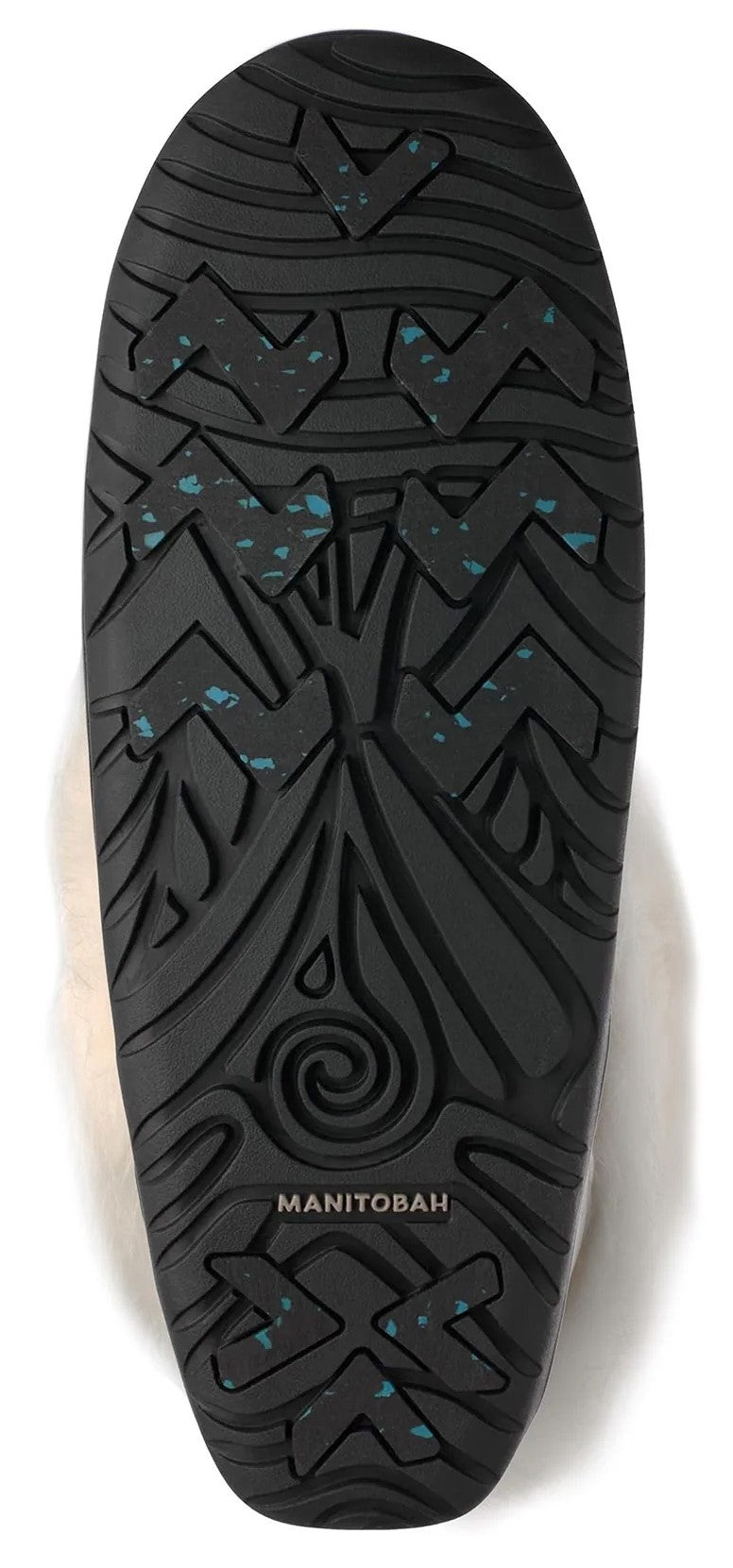 A black rubber sole of a boot featuring a detailed, molded tread pattern with small teal speckles and a central spiral design, with the word 'MANITOBAH' embossed near the heel area.