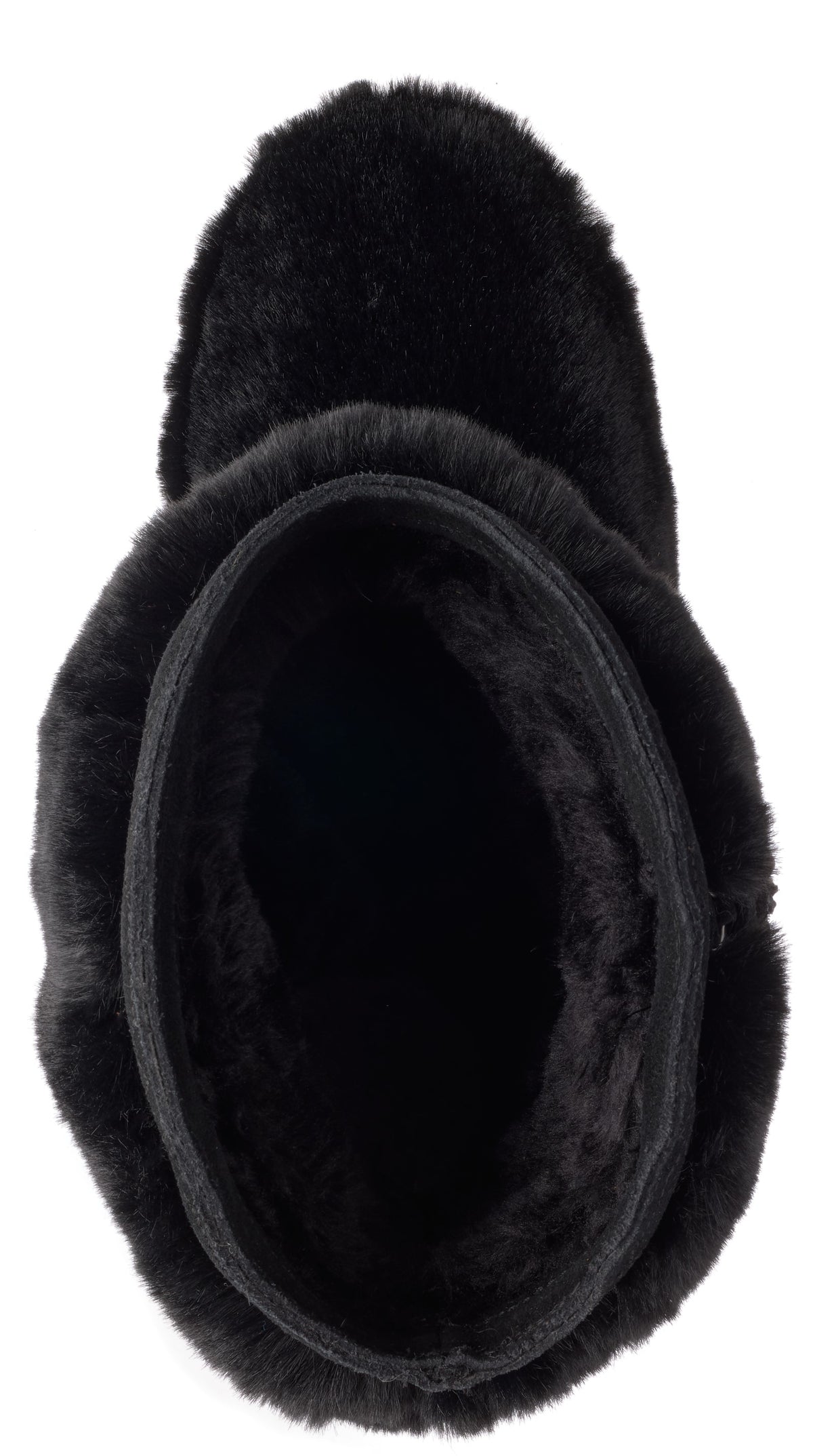 A top-down view of a black, plush, faux-fur-lined boot showing the fuzzy interior and rounded toe.