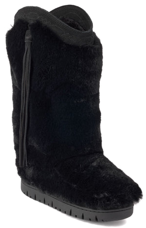 A black faux fur winter boot with a flat, notched rubber sole and a decorative tassel detail on the side.
