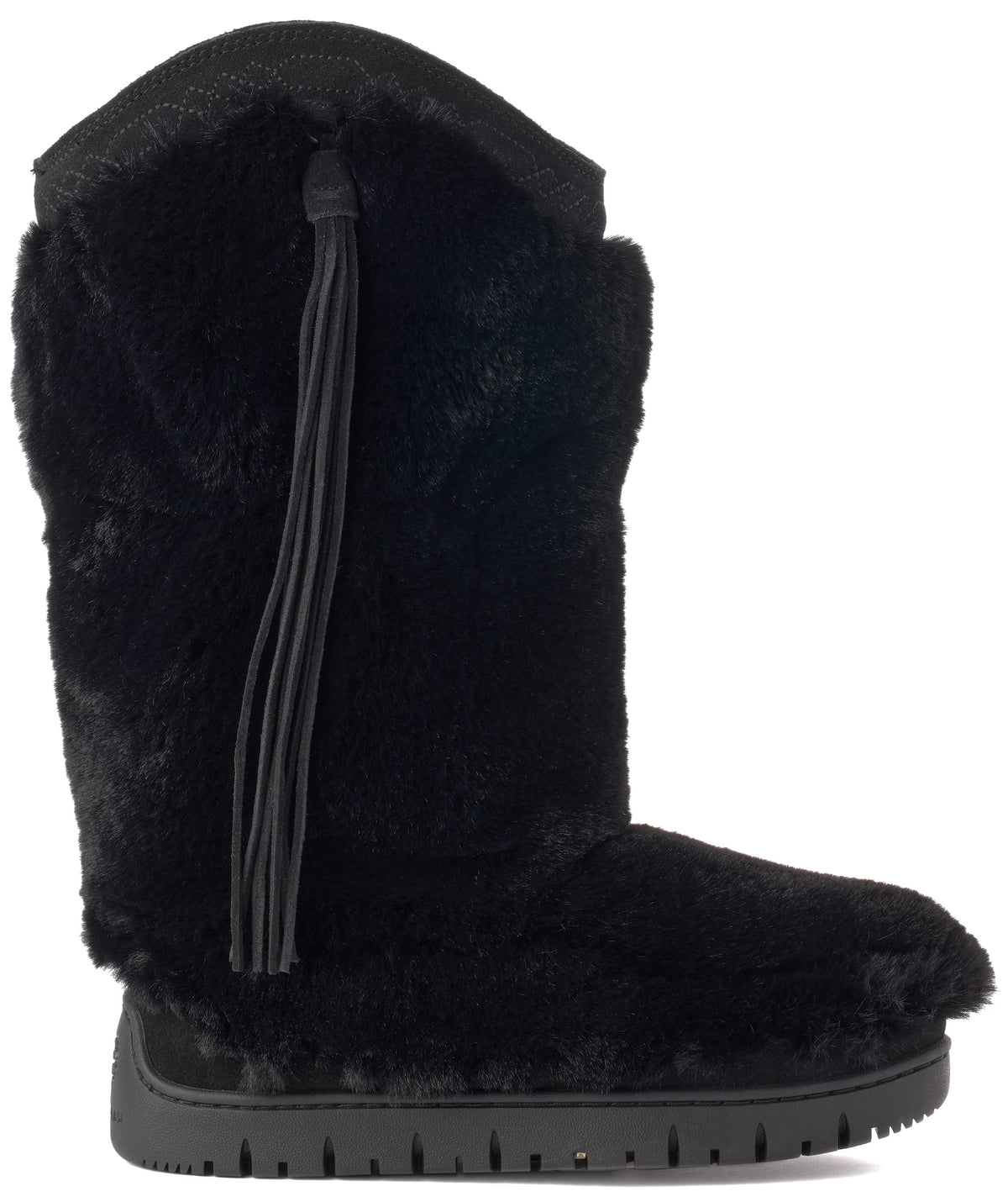A black faux fur winter boot with a thick rubber sole and a black decorative tassel hanging down the side of the shaft.