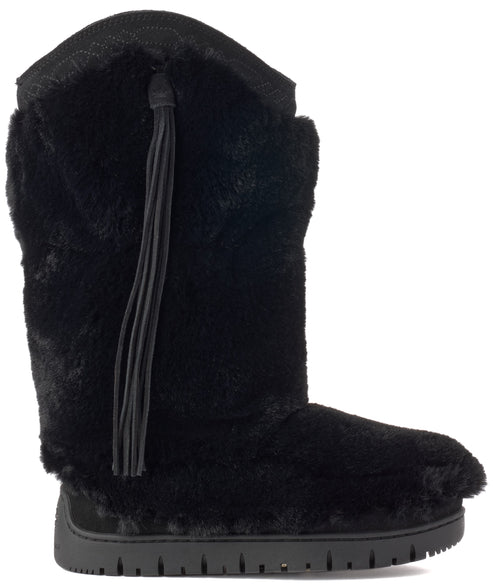 A black faux fur winter boot with a thick rubber sole and a black decorative tassel hanging down the side of the shaft.