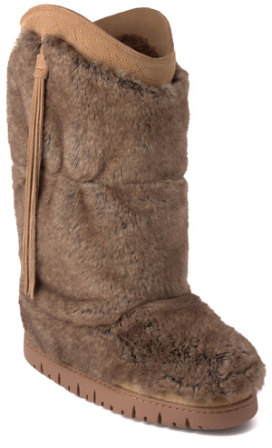 Brown mid-calf boot with faux fur and tassel detail.