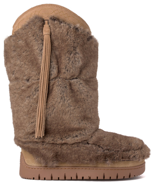 Tall brown fur boot with tan toe cap and tassel.