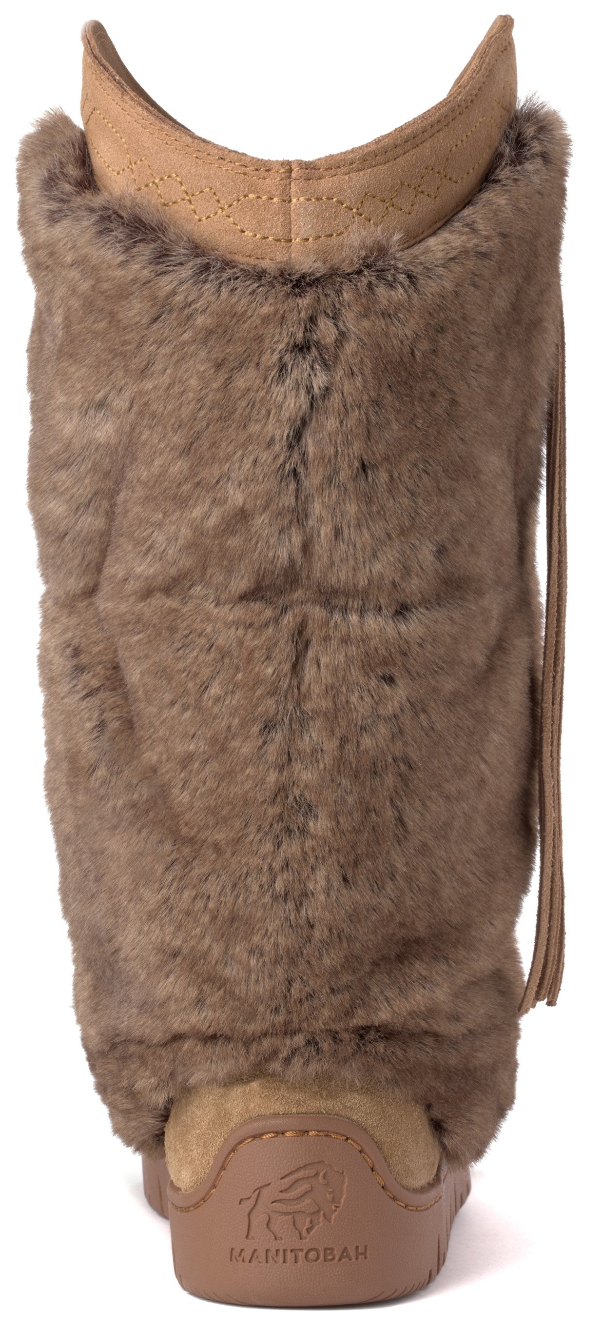 A boot with a furry upper and a tan leather accent around the top, the sole is tan and features a logo.