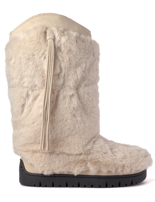 A knee-high white faux fur boot with a black sole and a decorative tassle.