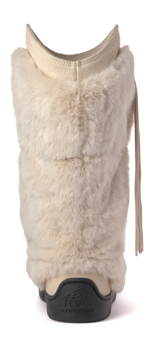 Close-up of a tall boot with fur trim.