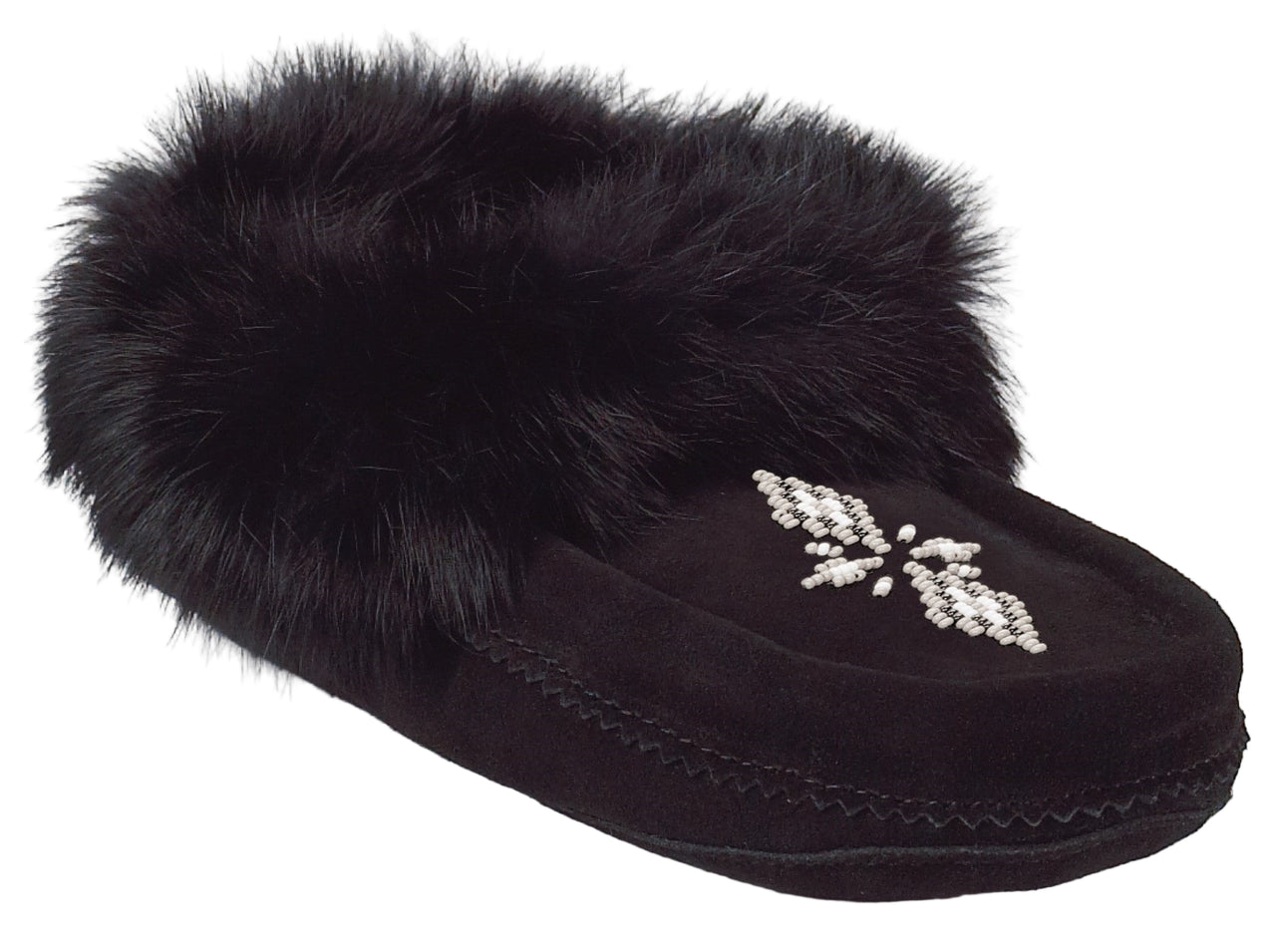 Black suede moccasin slipper with fluffy black fur trim and beaded design.