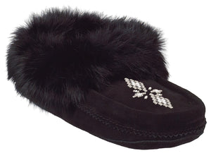 Black suede moccasin slipper with fluffy black fur trim and beaded design.