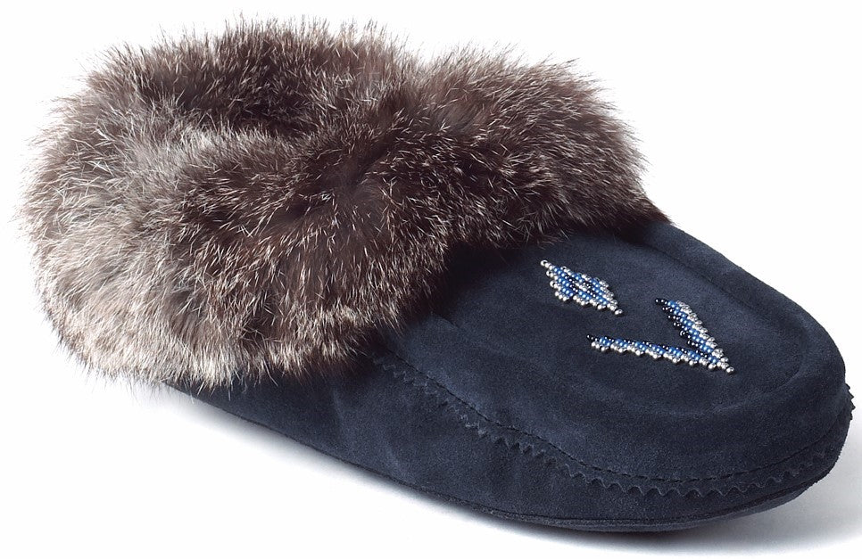 Blue suede moccasin slipper trimmed with fur and decorative beads.