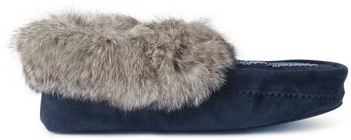 A navy moccasin slipper with a fur cuff.