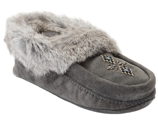 Grey suede moccasin slipper trimmed in rabbit fur with a decorative beaded design.