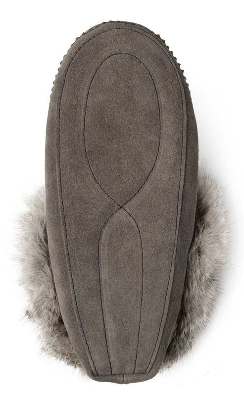 Bottom of a gray slipper with fur trim.