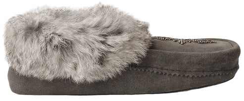 Gray moccasin slipper with faux fur trim.