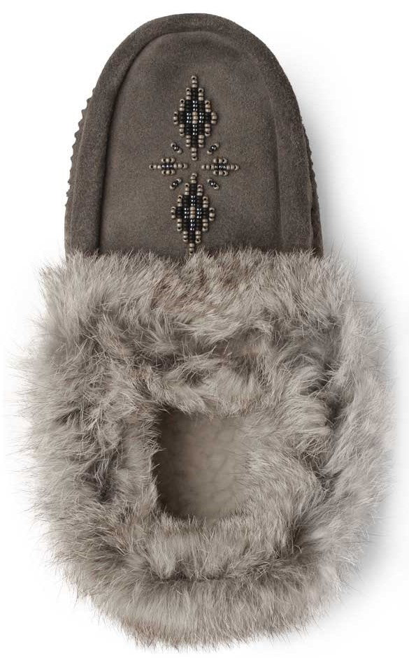 Gray moccasin slipper with fur trim and beaded design.
