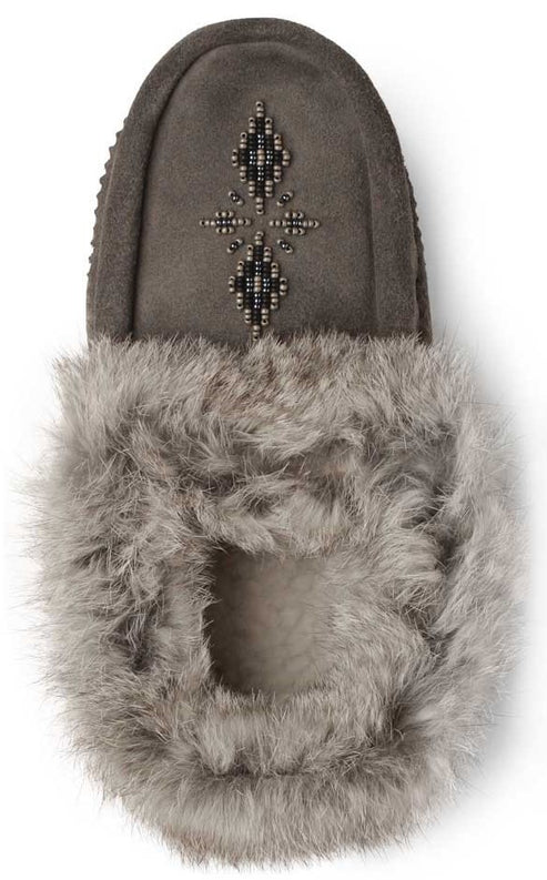 Gray moccasin slipper with fur trim and beaded design.
