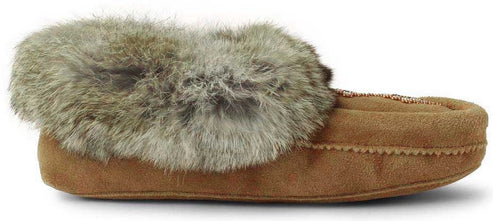 Brown slipper with fur trim.