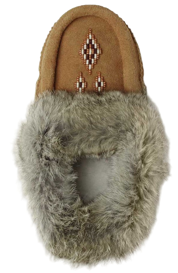 Moccasin slipper featuring fur trim and decorative beadwork.