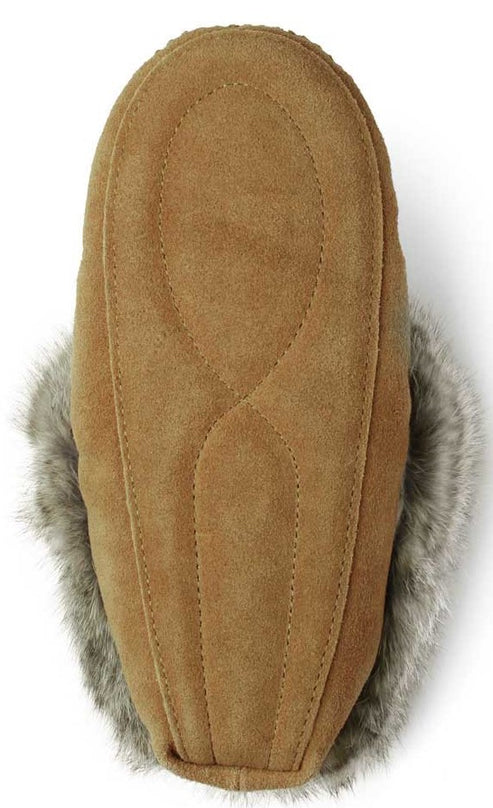 Tan suede slipper with gray faux fur trim.
