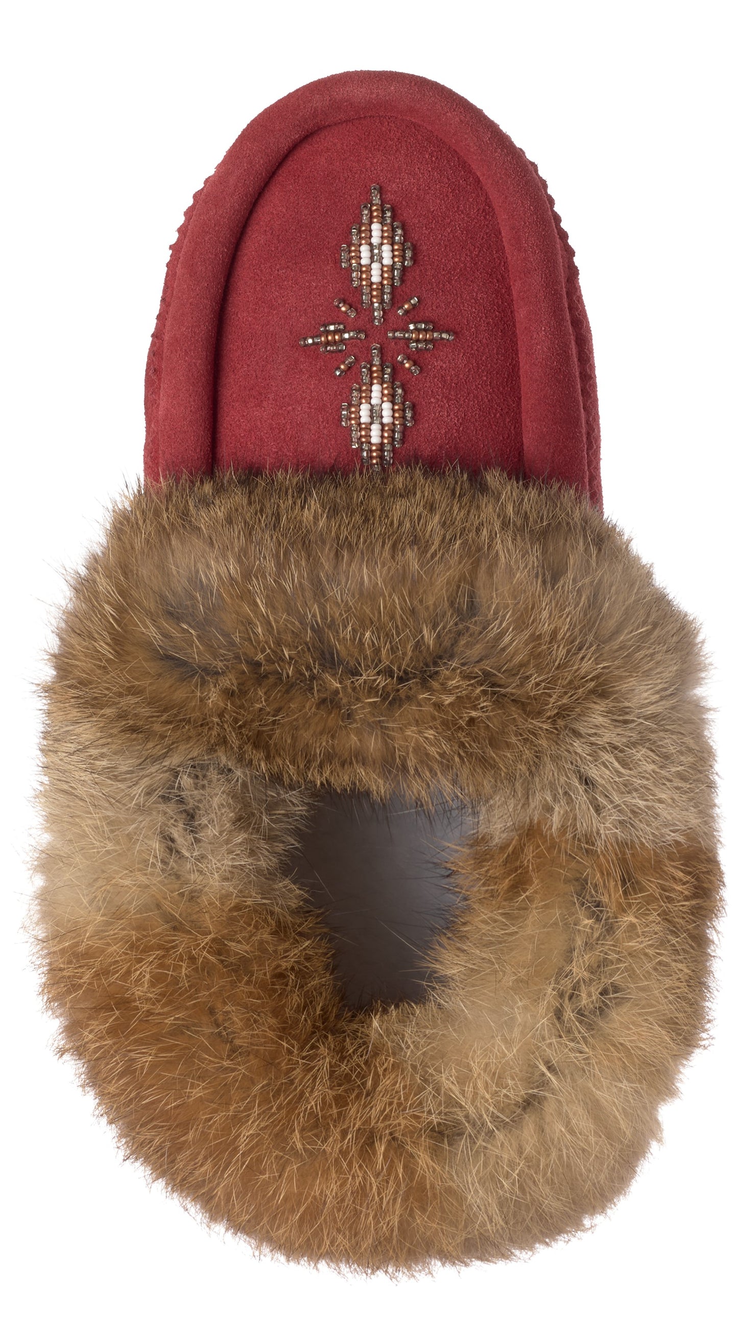 Red moccasin slipper with decorative beading and fur trim