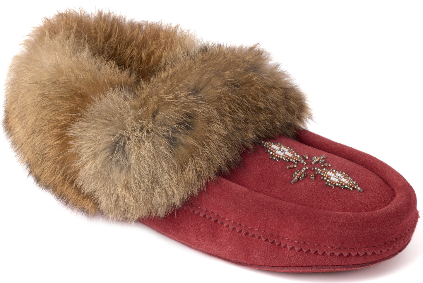 Red slipper with fur trim and beaded dragonfly design.
