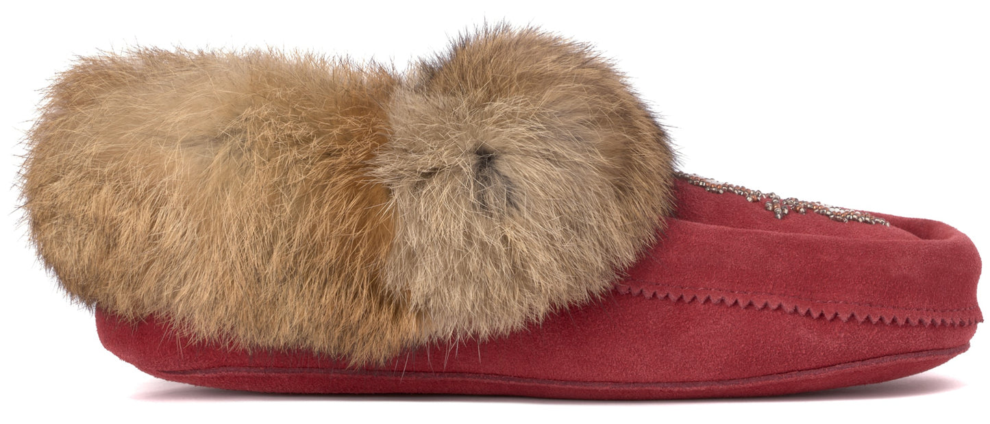 Red moccasin slipper with fur trim.