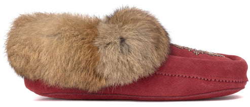 Red moccasin slipper with fur trim.
