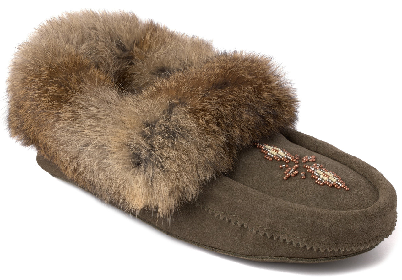 Suede moccasin slipper with fur trim and beaded dragonfly.