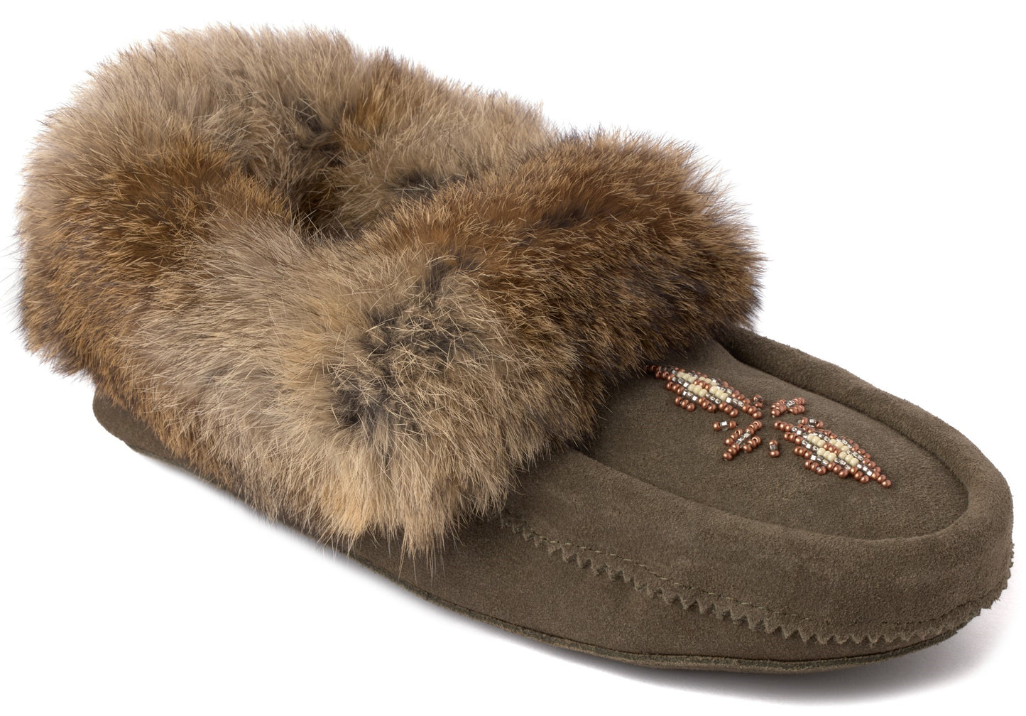 Suede moccasin slipper with fur trim and beaded dragonfly.