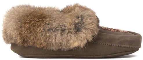 Moccasin slipper with fur trim.