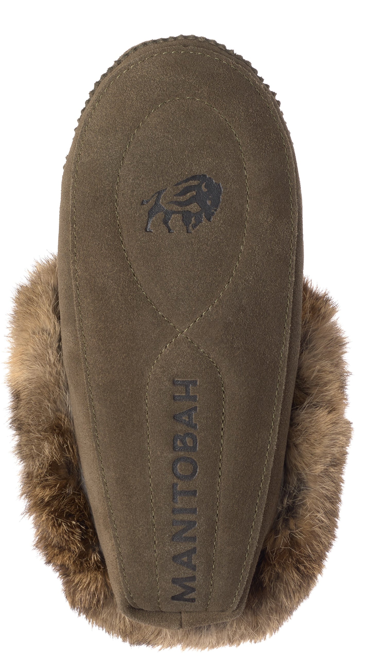 Khaki slipper with fur trim and "MANITOBAH" text, and a buffalo icon.