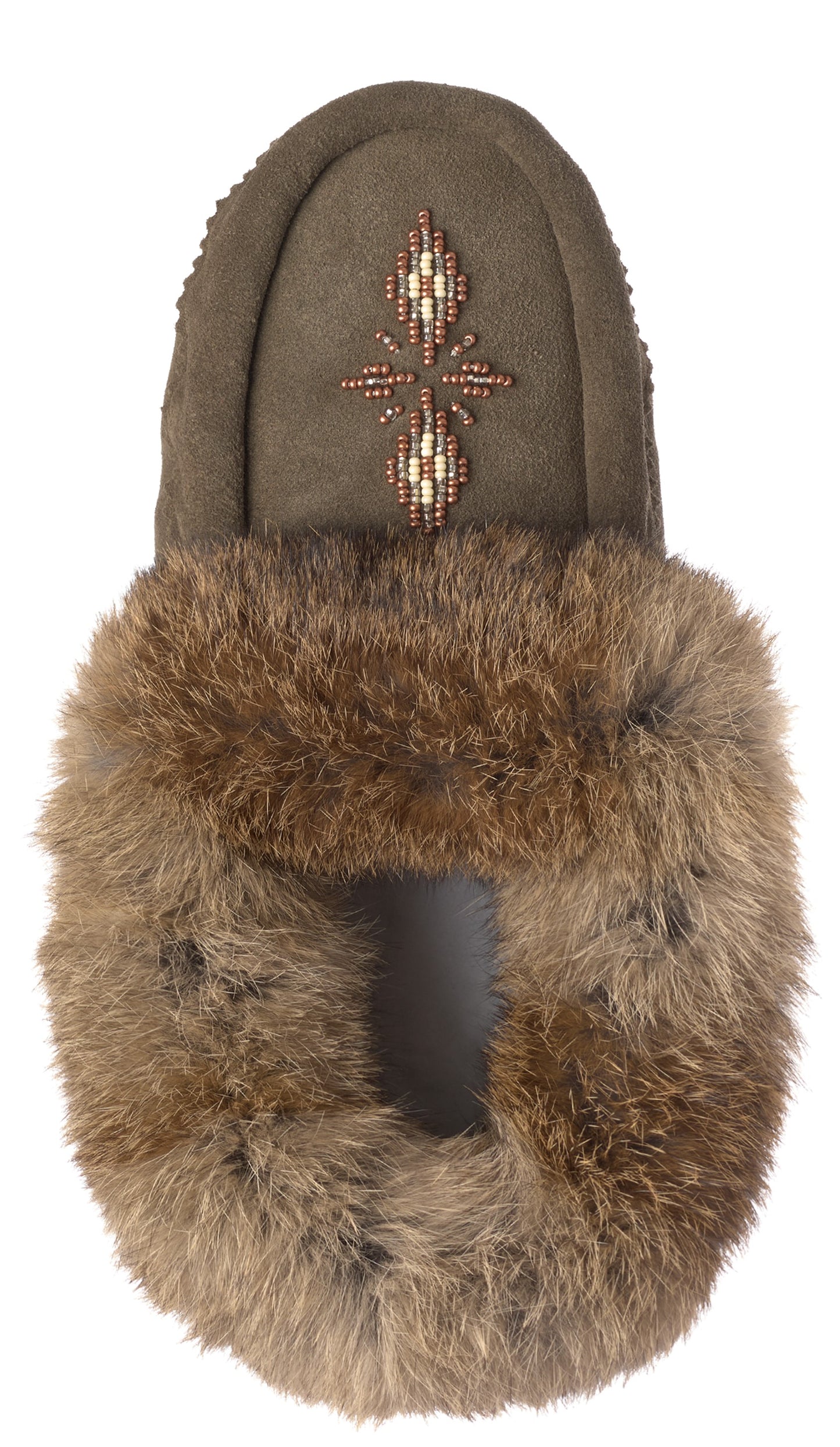 Beaded moccasin slipper with fur trim.