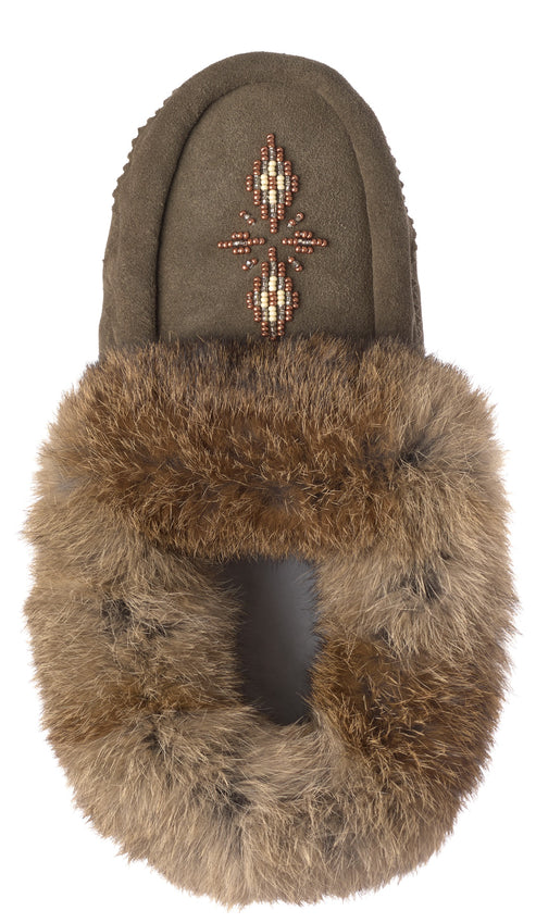 Beaded moccasin slipper with fur trim.