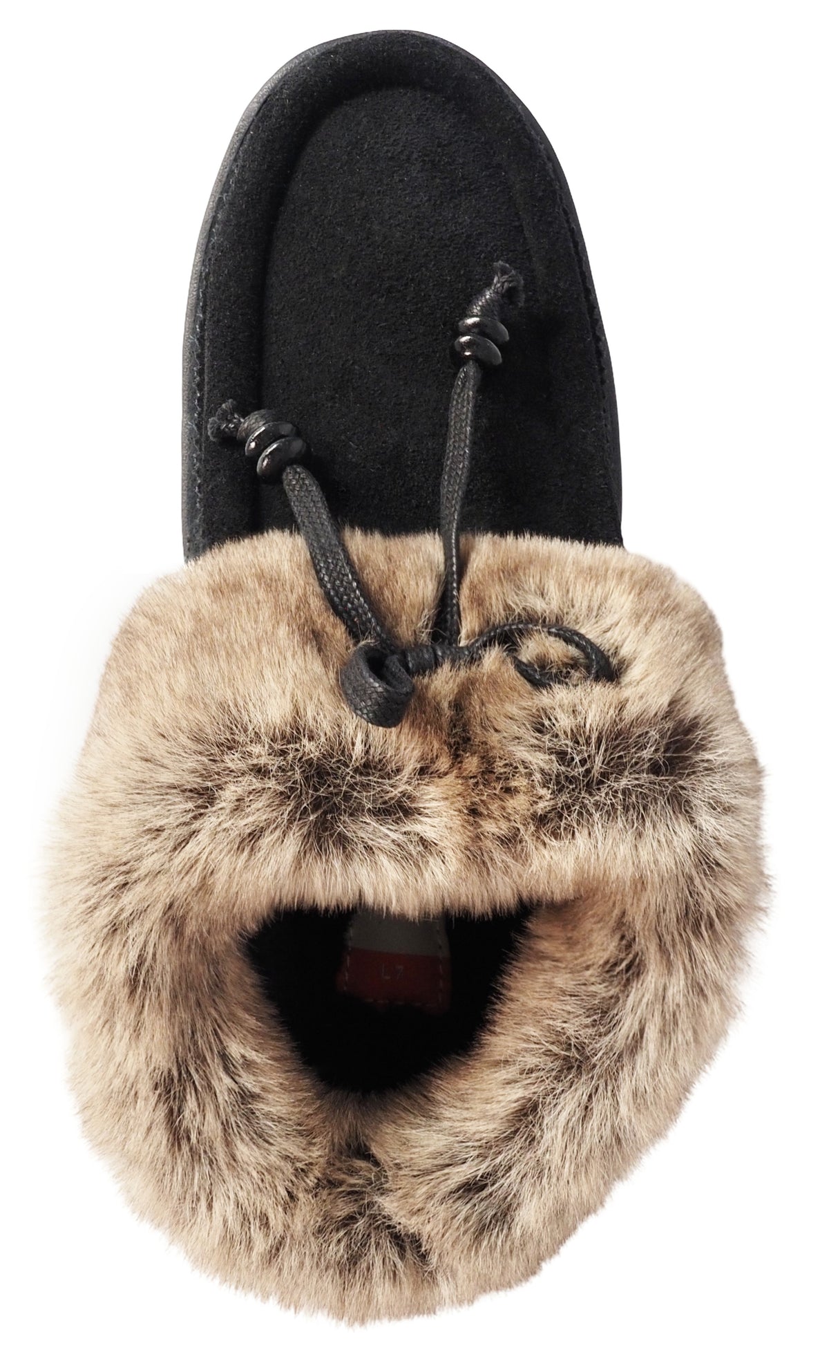 A black suede slipper shown from a top-down perspective, featuring a thick, tan and brown faux fur lining and a decorative black drawstring lace detail on the upper.