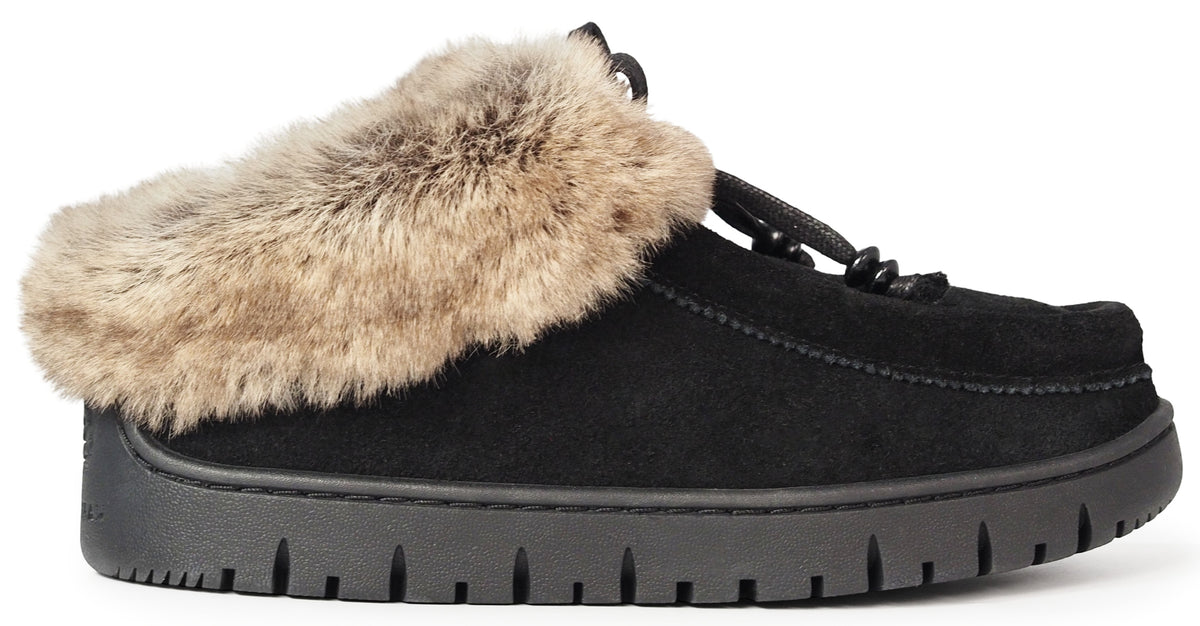 A black suede mule with a thick, beige faux fur collar and a black, lugged rubber platform sole, featuring a black lace detail on the top.
