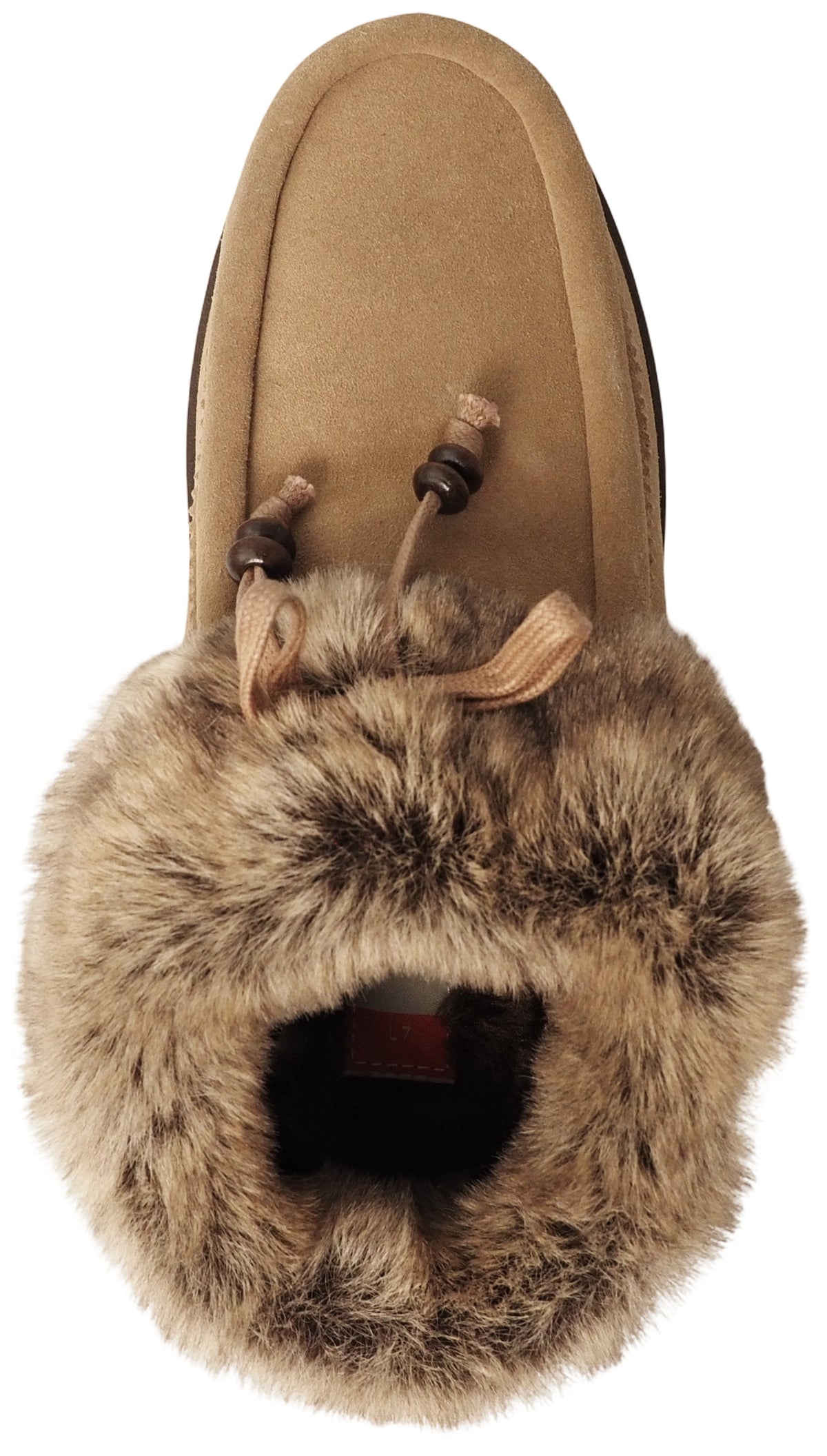A tan suede-like slipper boot, viewed from above, featuring a wide collar of fluffy brown faux fur around the opening and a decorative drawstring closure with two wooden beads on the upper.