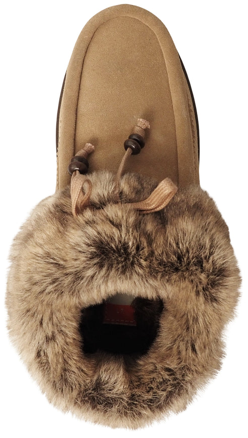 A tan suede-like slipper boot, viewed from above, featuring a wide collar of fluffy brown faux fur around the opening and a decorative drawstring closure with two wooden beads on the upper.